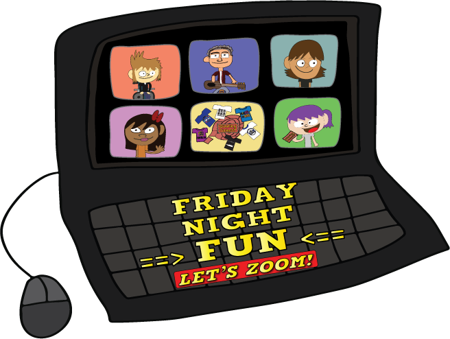 A cartoon drawing of a computer with a zoom meeting and the words "Friday Night Fun. Let's Zoom"
The participant boxes are filled with several attendees and character drawing of Mark Cutler playing the guitar.
There are also images of t-shirts and a roll of raffle tickets in one of the participant screens. Another participant is holding a ticket with the words, "winning ticket!".